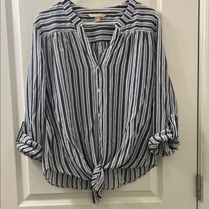 Striped Navy & White Tie-Front Button Blouse